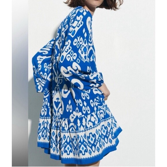 ZARA Blue Print Mini Dress Button Oversized Ruffle Peplum Pintuck Womens Large - Picture 12 of 12